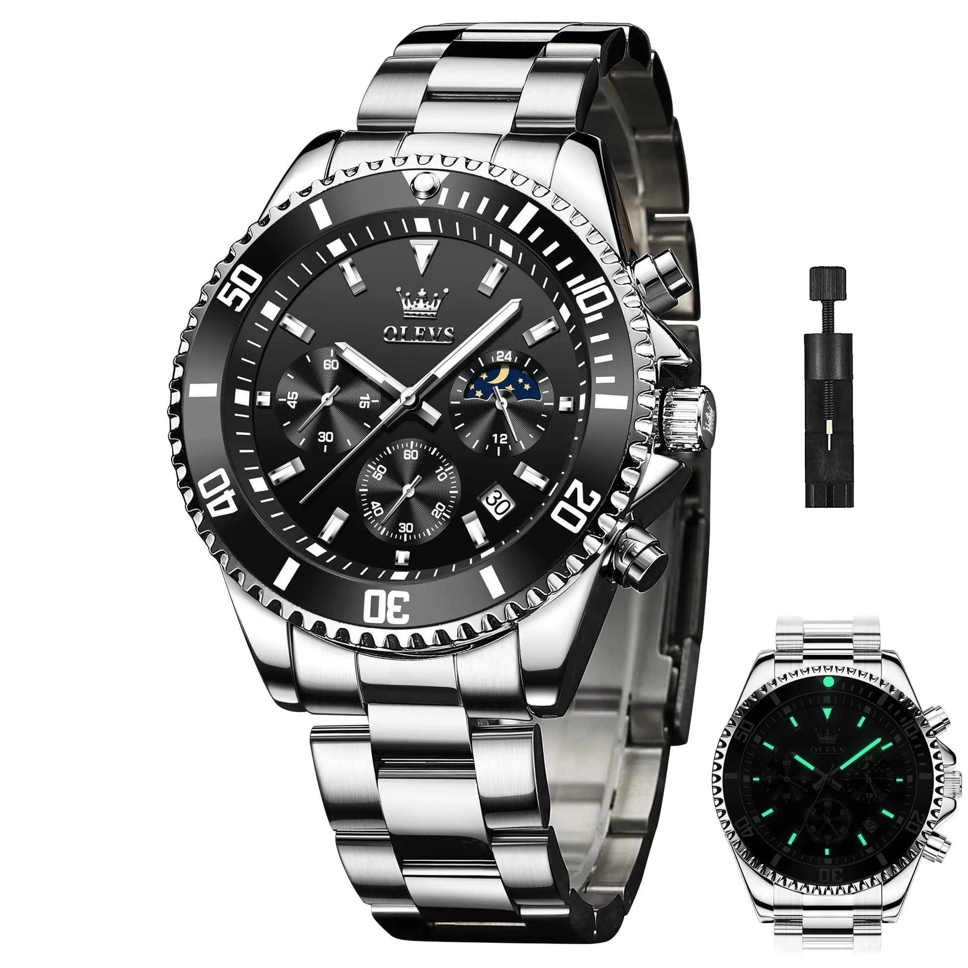 Mens Chronograph Watch Black/Silver 42.5Mm Outdoor Watch, Stainless Steel Strap 2870
