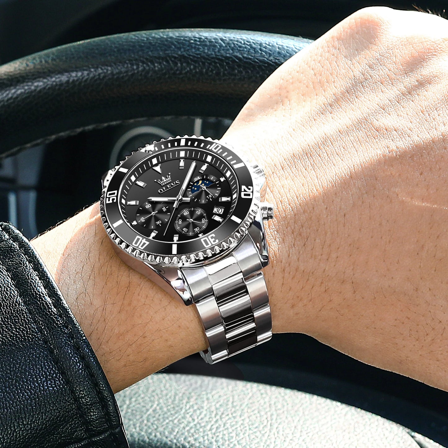 Mens Chronograph Watch Black/Silver 42.5Mm Outdoor Watch, Stainless Steel Strap 2870