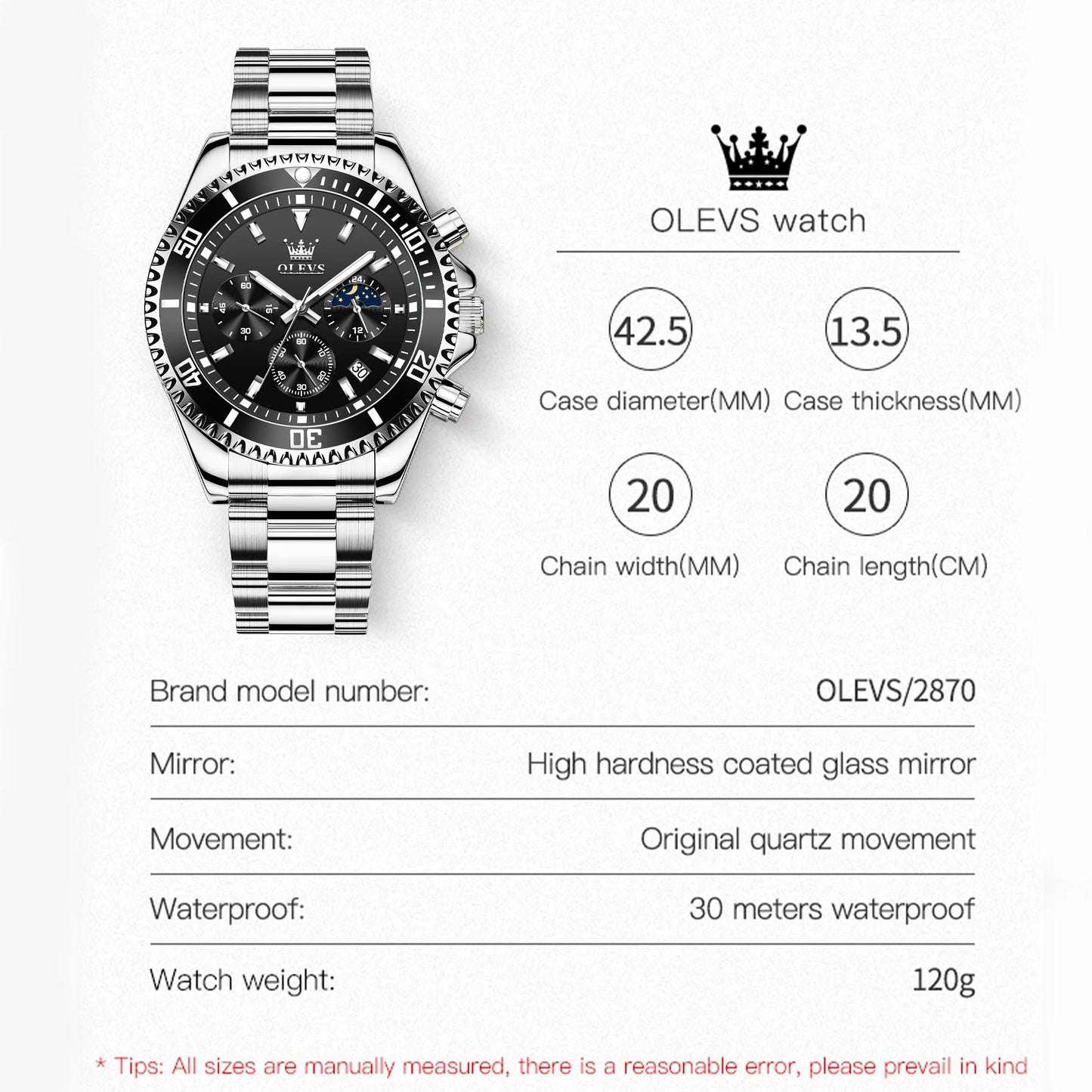 Mens Chronograph Watch Black/Silver 42.5Mm Outdoor Watch, Stainless Steel Strap 2870