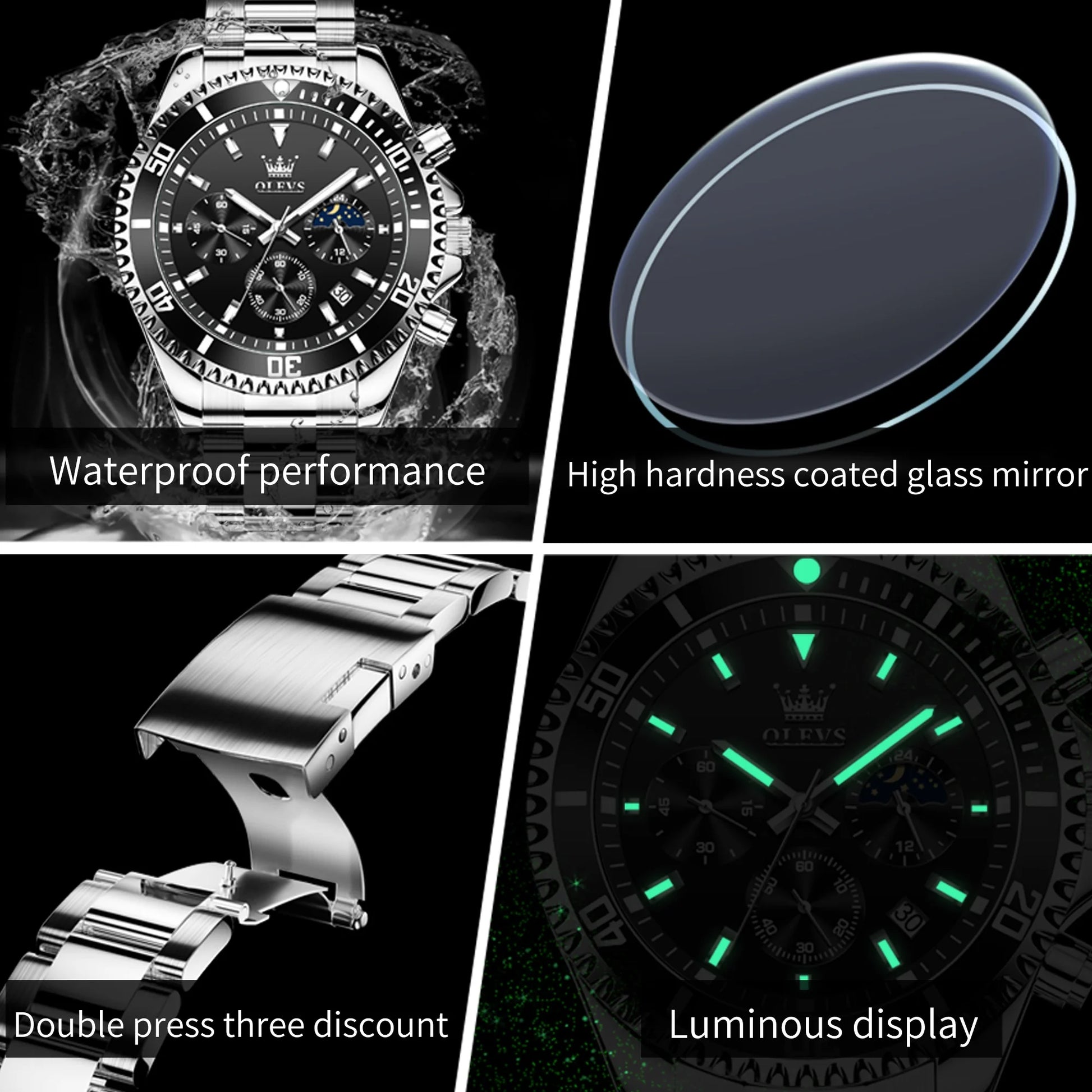 Mens Chronograph Watch Black/Silver 42.5Mm Outdoor Watch, Stainless Steel Strap 2870