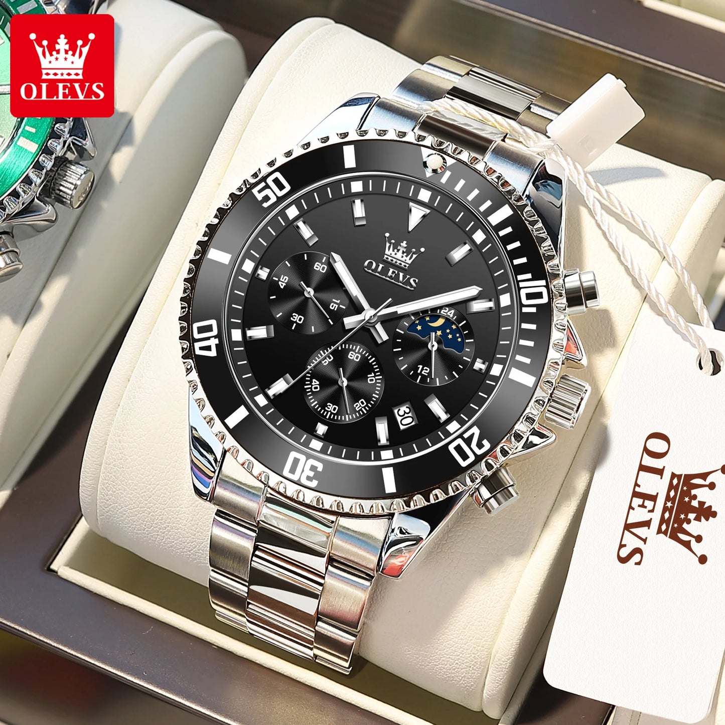 Mens Chronograph Watch Black/Silver 42.5Mm Outdoor Watch, Stainless Steel Strap 2870