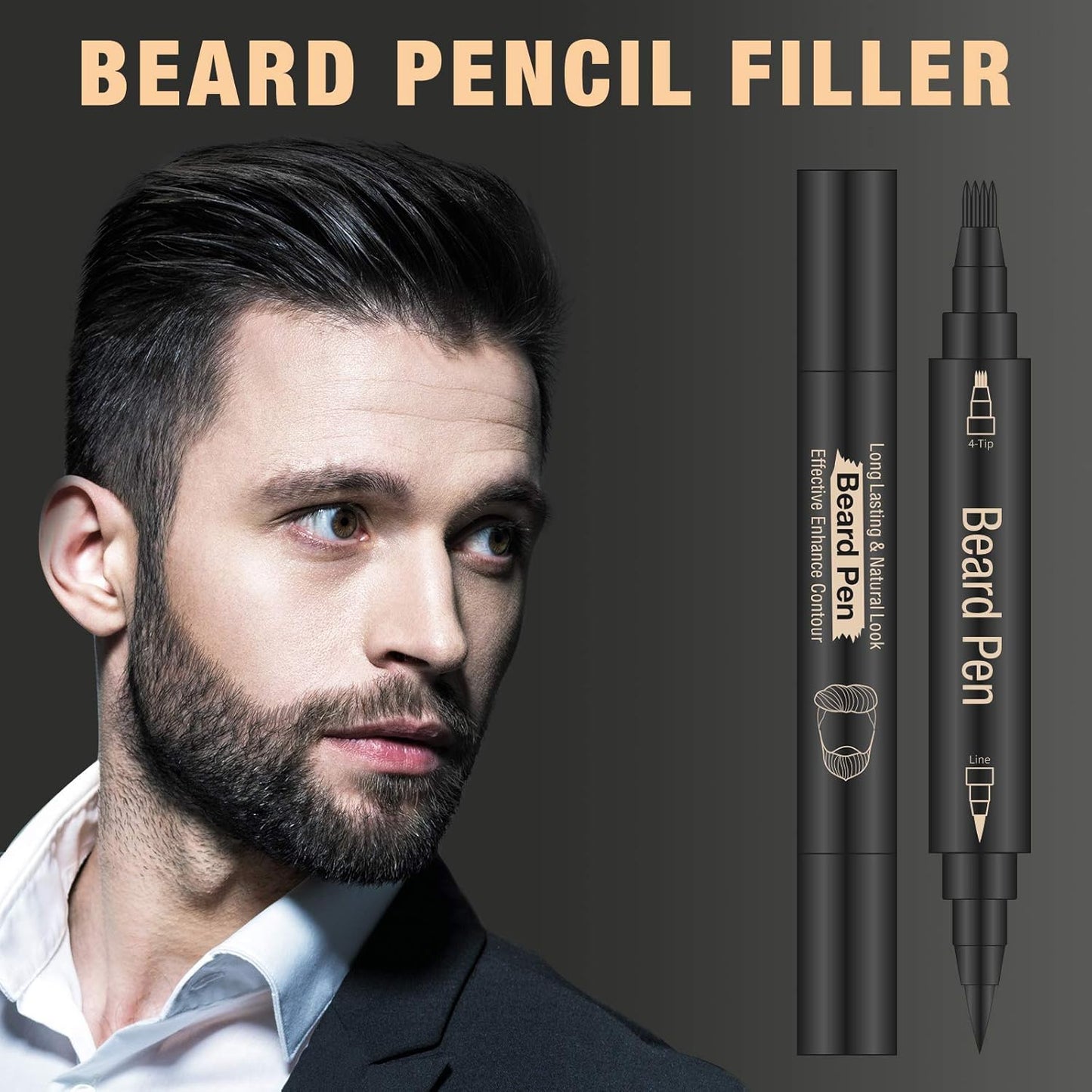 Beard Pencil Filler for Man Water Proof Beard Pen and Beard Brush Long Lasting Coverage Natural Finish, Male Mustache Repair Shape, Effective Enhance Facial Hair (BLACK)