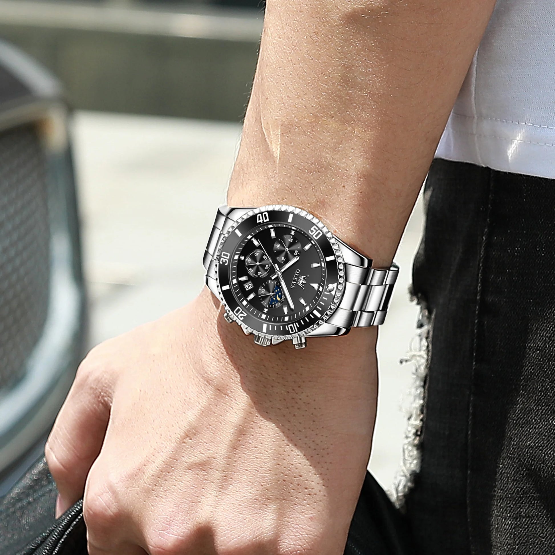 Mens Chronograph Watch Black/Silver 42.5Mm Outdoor Watch, Stainless Steel Strap 2870