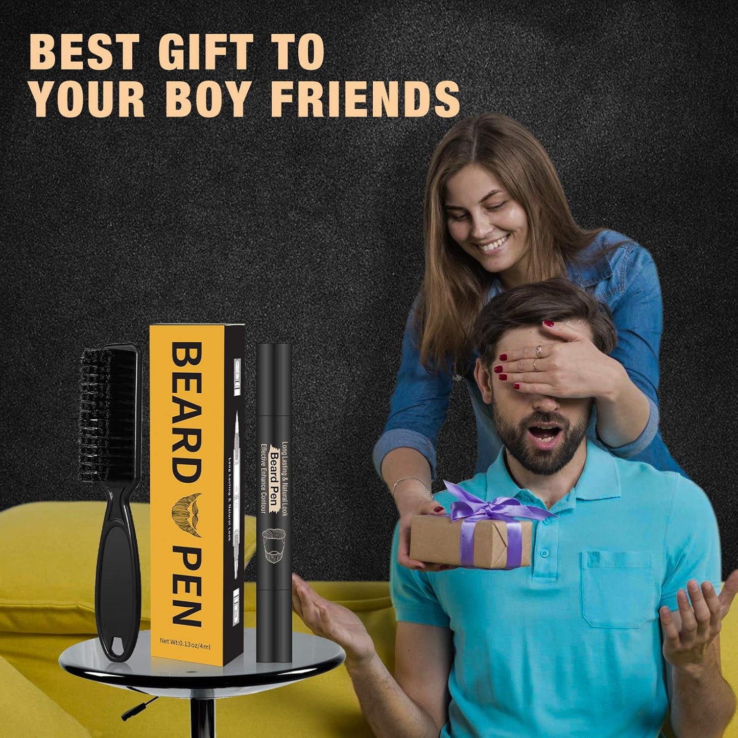 Beard Pencil Filler for Man Water Proof Beard Pen and Beard Brush Long Lasting Coverage Natural Finish, Male Mustache Repair Shape, Effective Enhance Facial Hair (BLACK)