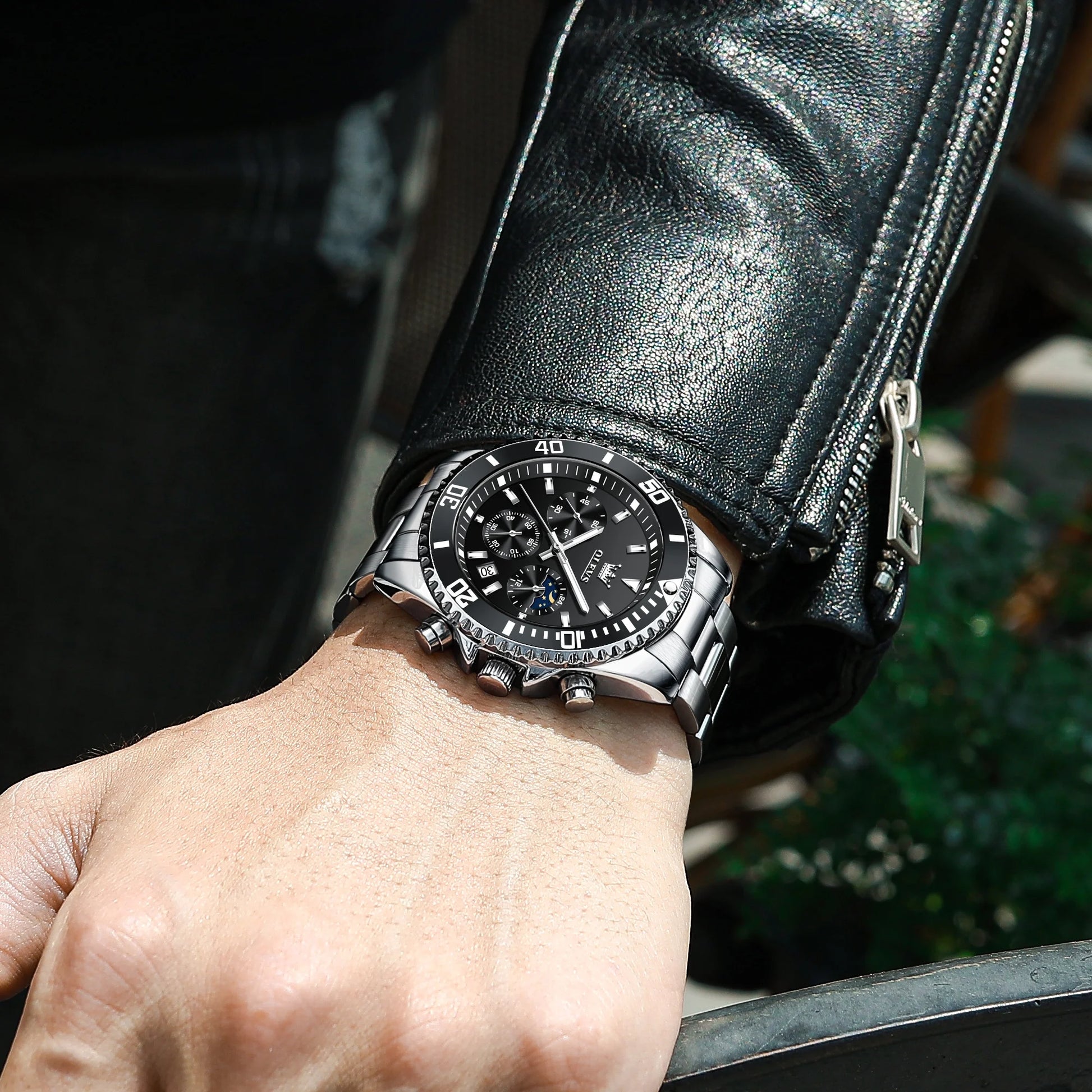 Mens Chronograph Watch Black/Silver 42.5Mm Outdoor Watch, Stainless Steel Strap 2870