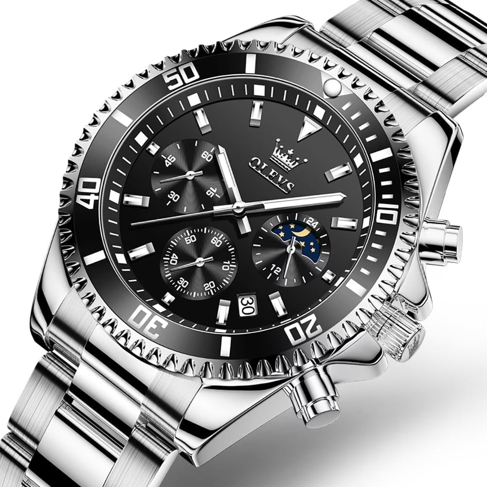 Mens Chronograph Watch Black/Silver 42.5Mm Outdoor Watch, Stainless Steel Strap 2870