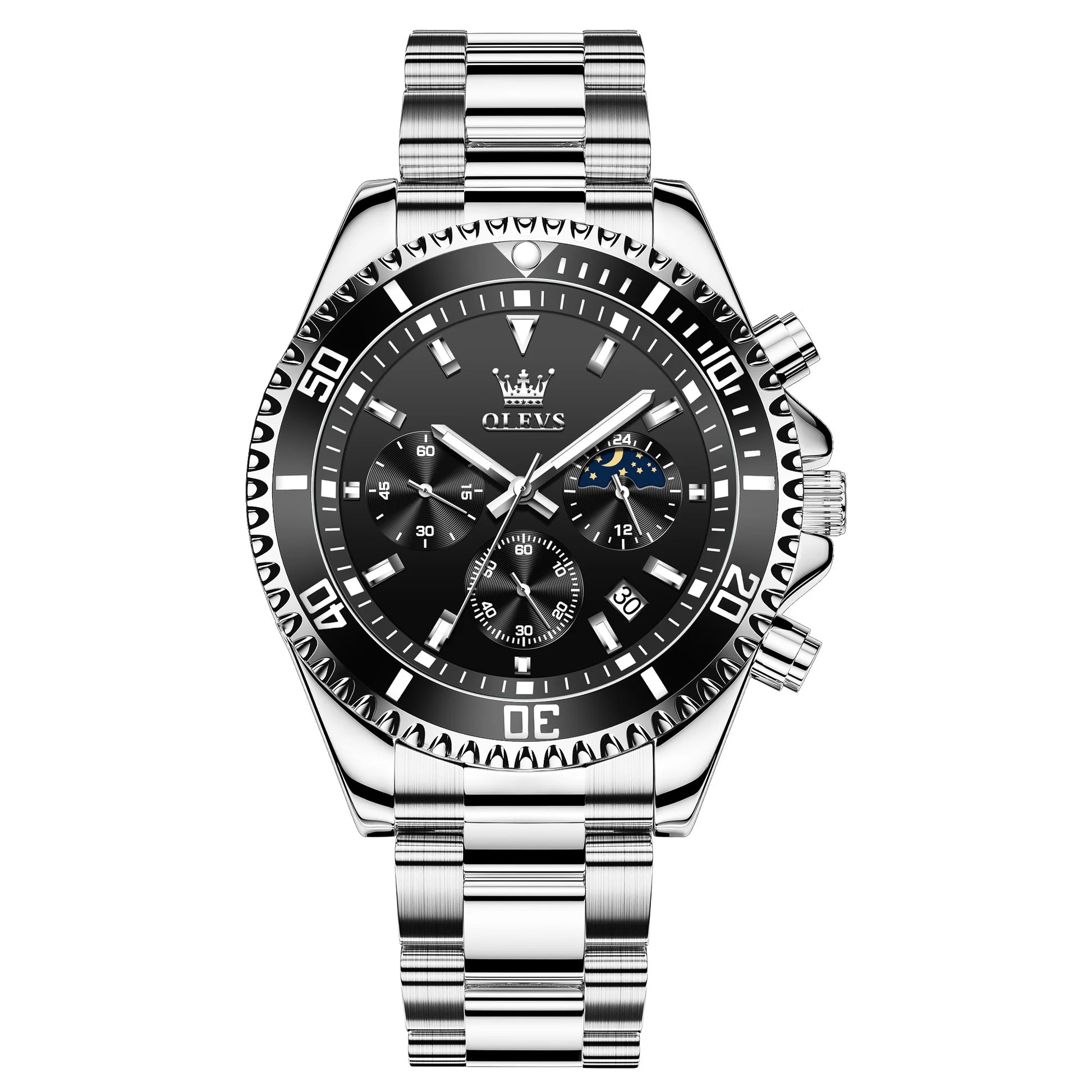 Mens Chronograph Watch Black/Silver 42.5Mm Outdoor Watch, Stainless Steel Strap 2870