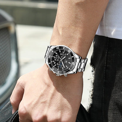 Mens Chronograph Watch Black/Silver 42.5Mm Outdoor Watch, Stainless Steel Strap 2870